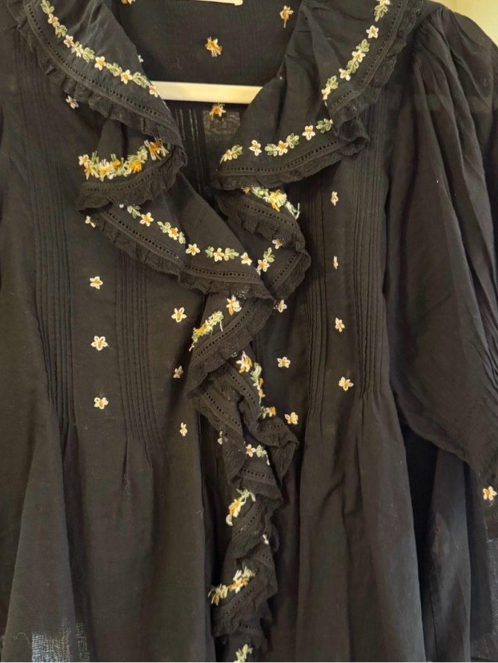 Doen Black Ruffled Blouse with Yellow and White Floral Embroidery